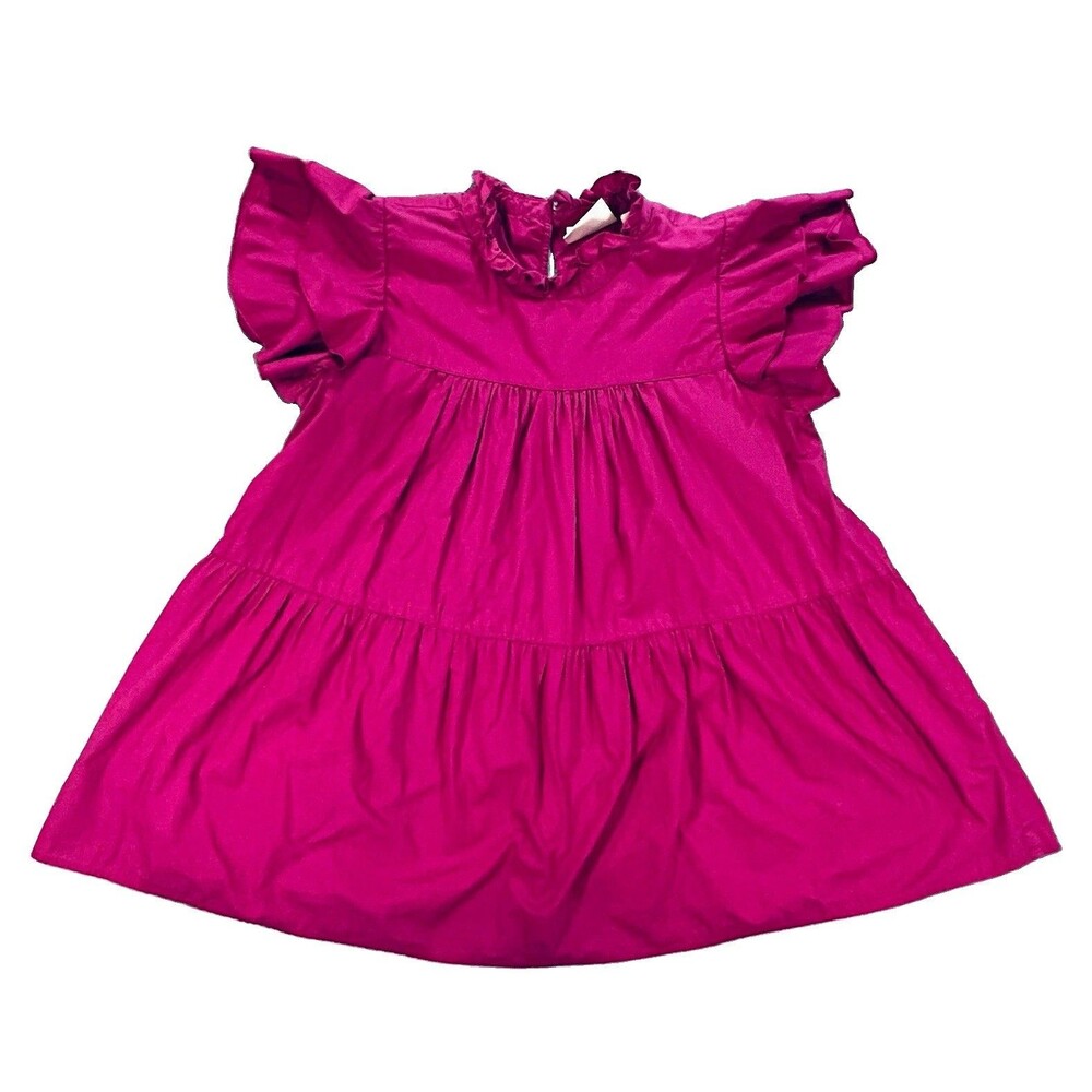 Maeve by Anthropologie Tiered Babydoll Top Flutter Sleeve High Neck Pink MEDIUM